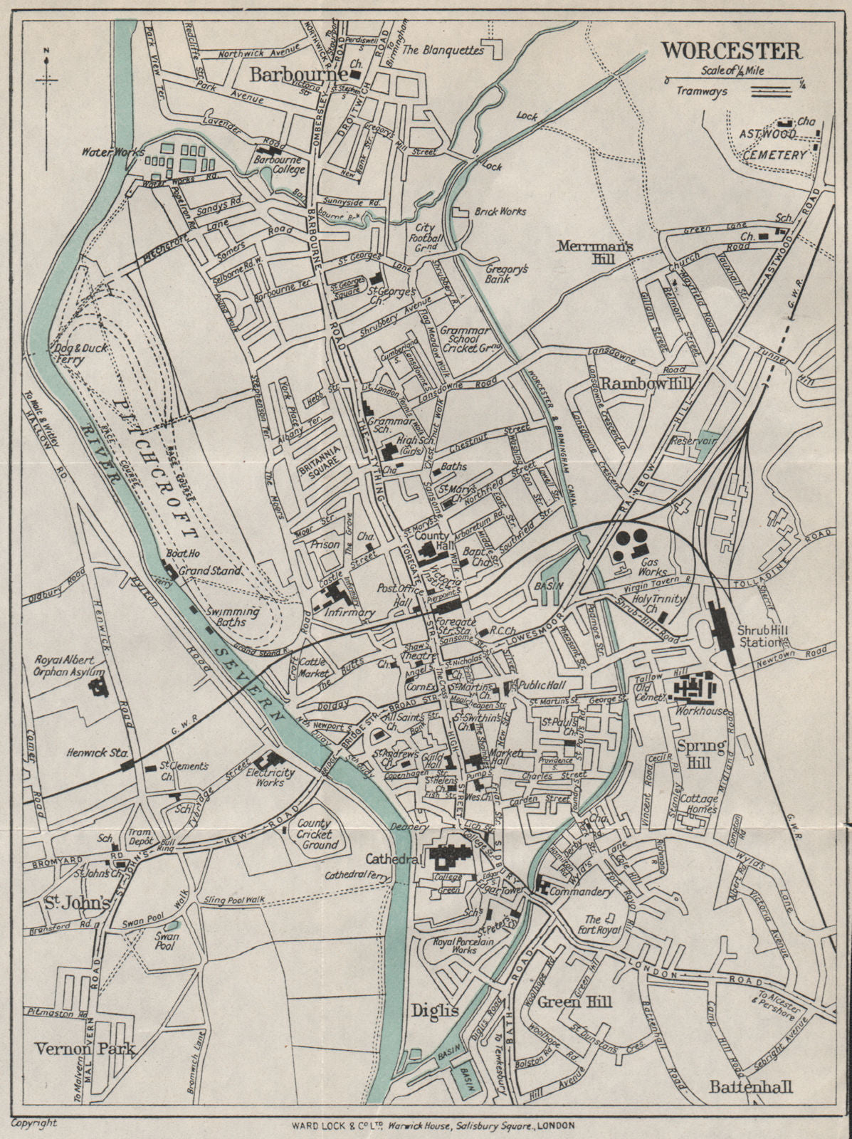 WORCESTER vintage town/city plan. Worcestershire. WARD LOCK 1928 old map